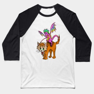 Cute tiny pink dragon riding a ginger cat Baseball T-Shirt